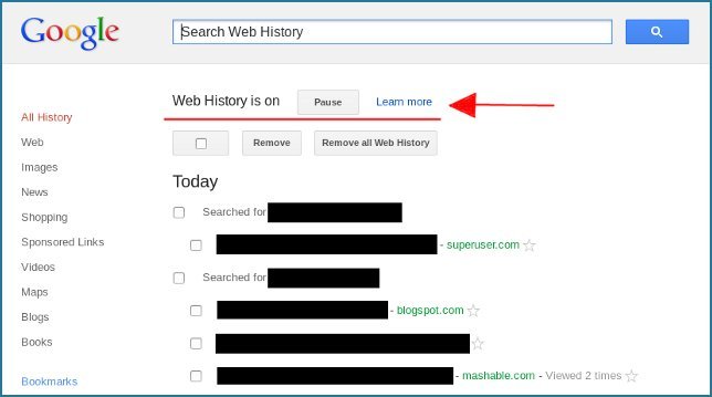 Google Web History Management Page